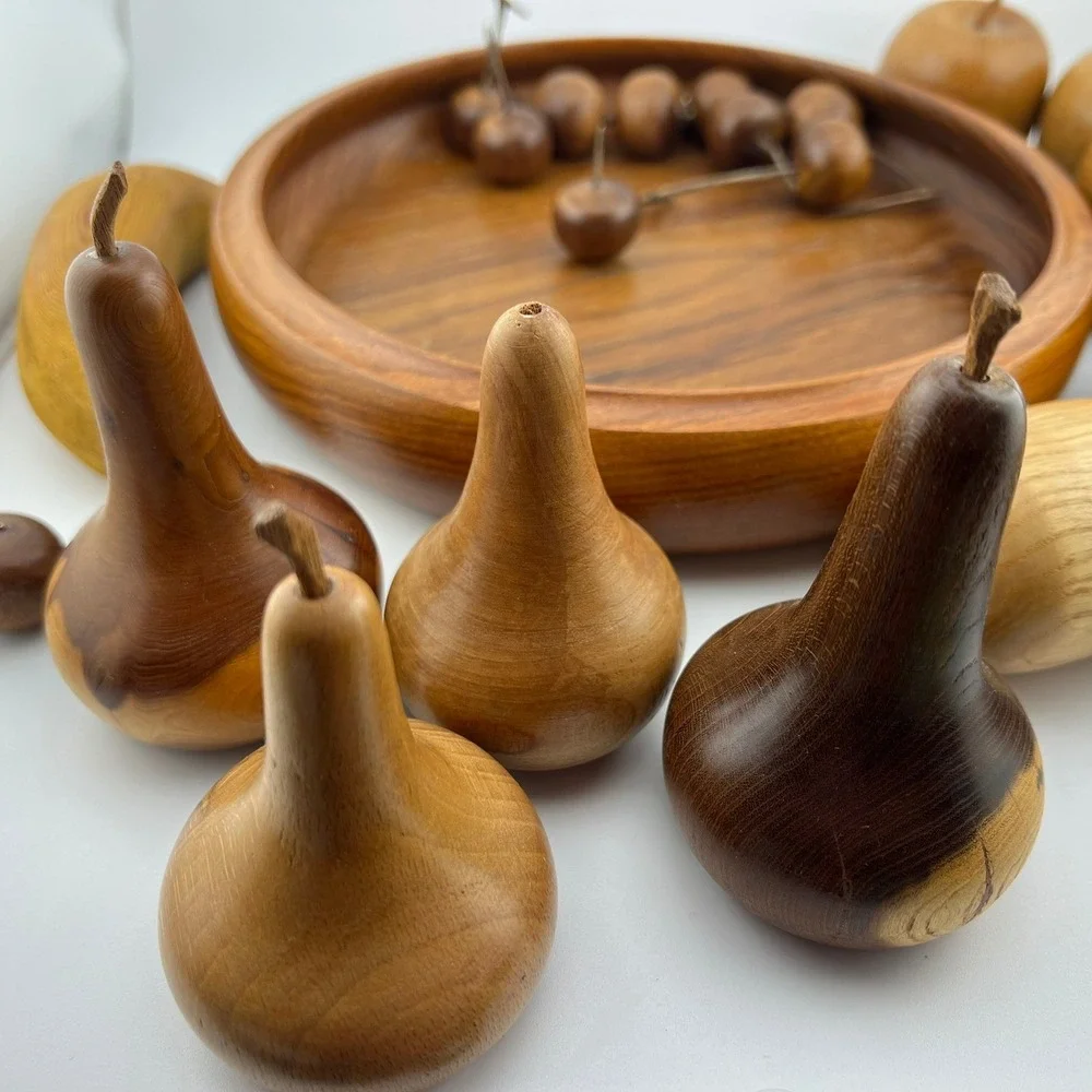 Vintage Wooden Fruit Bowl Set Hand Carved Wood Apples Pear Banana‎ Cherries